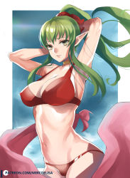Rule 34 | 1girl, armpits, arms behind head, arms up, bikini, breasts, cleavage, fire emblem, fire emblem: mystery of the emblem, fire emblem awakening, fire emblem heroes, green eyes, green hair, highres, large breasts, long hair, looking at viewer, navel, nintendo, parted lips, pointy ears, ponytail, smile, solo, standing, summer, swimsuit, tiara, tiki (adult) (fire emblem), tiki (adult) (summer) (fire emblem), tiki (fire emblem), yo-nashi