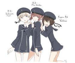 Rule 34 | 3girls, anchor, bare legs, beret, brown hair, character name, closed eyes, clothes writing, cosplay, dress, hand on another&#039;s shoulder, hat, kantai collection, kawashina (momen silicon), long sleeves, military, military uniform, multiple girls, naval uniform, open mouth, personification, sailor collar, sailor dress, sailor hat, short hair, simple background, smile, trait connection, uniform, white background, yukikaze (kancolle), z1 leberecht maass (kancolle), z1 leberecht maass (kancolle) (cosplay), z3 max schultz (kancolle)