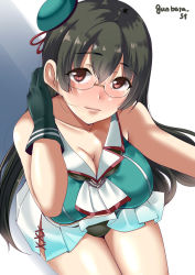 Rule 34 | 1girl, black hair, black panties, blue hat, breasts, chirashi (so), choukai (kancolle), choukai kai ni (kancolle), cleavage, glasses, gloves, green gloves, hair between eyes, hat, highres, kantai collection, large breasts, long hair, looking at viewer, mini hat, one-hour drawing challenge, panties, parted lips, pleated skirt, red eyes, skirt, sleeveless, solo, underwear
