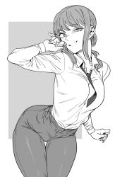 Rule 34 | 1girl, black pants, braid, braided ponytail, breasts, business suit, chainsaw man, collared shirt, formal, greyscale, high-waist pants, highres, looking at viewer, makima (chainsaw man), medium breasts, monochrome, necktie, pants, ringed eyes, shirt, simple background, solo, suit, urec, white shirt