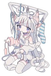Rule 34 | 1girl, ahoge, animal ear fluff, animal ears, anime coloring, asymmetrical sleeves, bare shoulders, bloomers, blue ribbon, blue thighhighs, blush, blush stickers, bow, bow panties, bra, bra on head, cat ears, cat girl, cat tail, collar, commentary request, crop top, daizu (melon-lemon), detached ahoge, detached sleeves, full body, hair ornament, hair ribbon, highres, holding, jaggy lines, long hair, long sleeves, looking at viewer, mismatched sleeves, mouth hold, object on head, original, panties, panties in mouth, pink panties, pink sleeves, purple collar, purple eyes, purple ribbon, remote control vibrator, ribbon, sex toy, shirt, simple background, sitting, sleeveless, sleeveless shirt, sleeves past wrists, solo, spaghetti strap, stray hair, striped clothes, striped panties, striped sleeves, striped thighhighs, tail, thighhighs, underwear, unworn bra, unworn legwear, unworn panties, very long hair, vibrator, wariza, white background, white bloomers, white bra, white panties, white shirt, white sleeves, white thighhighs, x hair ornament