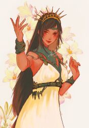 Rule 34 | 1girl, armpits, bare shoulders, black hair, bracelet, breasts, closed mouth, crown, dress, earrings, final fantasy, final fantasy vii, final fantasy vii rebirth, final fantasy vii remake, floral background, hand up, highres, jewelry, large breasts, lips, long hair, looking at viewer, low-tied long hair, official alternate costume, princess rosa costume, red eyes, red lips, signature, single earring, sleeveless, sleeveless dress, smile, solo, swept bangs, tiara, tifa lockhart, tifa lockhart (loveless dress), twitter username, upper body, very long hair, white dress, xainaa