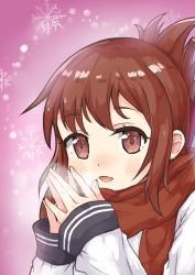Rule 34 | 1girl, :d, absurdres, blush, breathing on hands, brown eyes, brown hair, brown scarf, commentary request, feiyyx, folded ponytail, hands up, highres, inazuma (kancolle), kantai collection, long sleeves, looking at viewer, open mouth, pink background, scarf, shirt, sleeves past wrists, smile, snowflakes, solo, white shirt