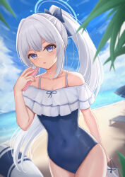 Rule 34 | 1girl, bag, bare shoulders, blue archive, blue bow, blue one-piece swimsuit, blue sky, blurry, blurry background, blush, bow, breasts, cellphone, cleavage, cloud, commentary request, covered navel, day, depth of field, frilled one-piece swimsuit, frills, grey hair, hair bow, halo, hand up, highres, holding, holding bag, holding phone, horizon, long hair, miyako (blue archive), miyako (swimsuit) (blue archive), nezumi (09261377), ocean, off-shoulder one-piece swimsuit, off shoulder, official alternate costume, one-piece swimsuit, outdoors, phone, plastic bag, ponytail, purple eyes, revision, sidelocks, sky, small breasts, solo, swimsuit, transparent, very long hair