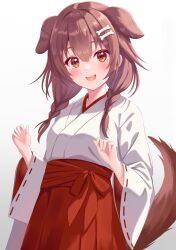 Rule 34 | 1girl, :3, :d, absurdres, animal ears, bone hair ornament, braid, brown eyes, brown hair, cartoon bone, dog ears, dog girl, dog tail, extra ears, fangs, hair between eyes, hair ornament, hakama, hakama skirt, highres, hololive, inugami korone, japanese clothes, kimono, long hair, long sleeves, looking at viewer, low twin braids, miko, open mouth, red hakama, red skirt, sidelocks, simple background, skirt, smile, solo, tail, teeth, togemaru34, twin braids, upper teeth only, virtual youtuber, white background, white kimono, wide sleeves
