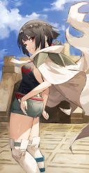 Rule 34 | 1girl, anklet, belt, black hair, black shirt, breasts, cloak, cloud, commentary request, creatures (company), day, fagi (kakikaki), from side, game freak, grey shorts, highres, jewelry, nintendo, outdoors, over-kneehighs, parted lips, pokemon, pokemon oras, red belt, red eyes, rope belt, shirt, short shorts, shorts, sky, smile, solo, standing, thighhighs, zinnia (pokemon)
