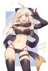 Rule 34 | 1girl, ahoge, bikini, black thighhighs, blonde hair, blue background, bow, breasts, cleavage, cowboy shot, fate/grand order, fate (series), gloves, hair bow, medium breasts, okita j. souji (first ascension) (fate), okita souji (fate), rirene rn, scarf, simple background, single glove, solo, swimsuit, teeth, thigh gap, thighhighs, upper teeth only, v, white background, yellow eyes