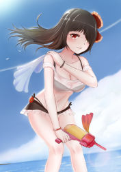 Rule 34 | 1girl, :d, bare shoulders, bikini, bikini skirt, black bikini, black hair, blue sky, blush, breasts, cleavage, cloud, cloudy sky, date a live, day, doge (jkdoge), hair over one eye, heterochromia, highres, holding, holding water gun, leaning forward, long hair, looking at viewer, md5 mismatch, medium breasts, navel, ocean, open mouth, outdoors, red eyes, resolution mismatch, see-through, sky, smile, solo, source larger, swimsuit, tokisaki kurumi, water gun, yellow eyes