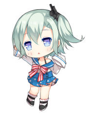 Rule 34 | 1girl, :&lt;, arm up, black footwear, blue eyes, blue skirt, blush, cassin young (warship girls r), chibi, collarbone, commentary request, green hair, hair between eyes, hair ornament, halterneck, halterneck, hand up, long sleeves, looking at viewer, machinery, one side up, print skirt, sailor collar, sailor shirt, shirt, shoes, short hair, simple background, skirt, sleeves past wrists, socks, solo, standing, star (symbol), star print, tengxiang lingnai, triangle mouth, warship girls r, white background, white shirt, white socks