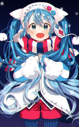 Rule 34 | 1girl, :d, absurdres, bad id, bad pixiv id, blue eyes, blue hair, blush, buttons, chromatic aberration, commentary request, dr poapo, fur trim, hatsune miku, highres, matching hair/eyes, open mouth, pantyhose, shorts, smile, solo, striped clothes, striped legwear, striped pantyhose, twintails, vertical-striped clothes, vertical-striped legwear, vertical-striped pantyhose, vocaloid, yuki miku, yuki miku (2016) (candidate no.1)