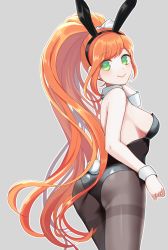 Rule 34 | 1girl, animal ears, ass, bare shoulders, breasts, danganronpa (series), danganronpa 3 (anime), fake animal ears, fake tail, from behind, green eyes, grey background, hair ornament, large breasts, leotard, long hair, looking at viewer, orange hair, pantyhose, playboy bunny, ponytail, rabbit ears, rabbit tail, red lips, simple background, sketti, smile, solo, tail, very long hair, yukizome chisa