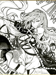 Rule 34 | 1girl, breasts, character name, cleavage, closed mouth, cowboy shot, cross-laced clothes, detached sleeves, dress, english text, greyscale, highres, hijiri byakuren, holding, ishida kazuma, large breasts, layered dress, long hair, looking at viewer, monochrome, shikishi, smile, solo, sorcerer&#039;s sutra scroll, touhou, traditional media