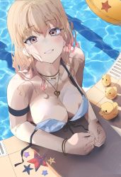 Rule 34 | 1girl, absurdres, armlet, bare shoulders, bikini, blonde hair, blush, bracelet, breasts, cleavage, collarbone, commentary request, from above, hani haya, highres, innertube, jewelry, korean commentary, large breasts, long hair, looking at viewer, mole, mole on breast, mole under eye, necklace, original, partially submerged, pool, rubber duck, smile, swim ring, swimsuit, untied bikini, water