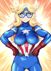 Rule 34 | 10s, 1girl, animification, belt, blonde hair, blue eyes, bodysuit, breasts, captain america, cowboy shot, genderswap, genderswap (mtf), glasses, gloves, hands on own hips, impossible bodysuit, impossible clothes, iowa (kancolle), kantai collection, large breasts, lipstick, long hair, looking at viewer, makeup, marvel, skin tight, smile, star-shaped pupils, star (symbol), steve rogers, superhero costume, symbol-shaped pupils, ueyama michirou