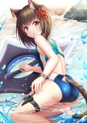 Rule 34 | 1girl, :o, animal ears, ass, back, back cutout, bare arms, bare shoulders, beach, blue one-piece swimsuit, bracelet, breasts, brown eyes, brown hair, cat ears, cat girl, cat tail, chakram, clothing cutout, competition swimsuit, highres, holster, jewelry, kunai, looking at viewer, one-piece swimsuit, original, parted lips, reclining, sakura ani, short hair, small breasts, solo, swimsuit, tail, tail through clothes, thigh strap, water, weapon