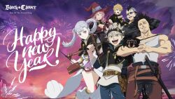 Rule 34 | 2girls, asta (black clover), black clover, black hair, blonde hair, breasts, cleavage, fireworks, green eyes, grey hair, happy new year, hat, highres, large breasts, long hair, luck voltia, magna swing, multiple girls, new year, noelle silva, official art, pink hair, purple eyes, twintails, vanessa enoteca, witch hat, yami sukehiro