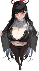 Rule 34 | 1girl, black hair, black pantyhose, black skirt, blue archive, blunt bangs, blush, bra, breasts, cleavage, clothes pull, hair ornament, hairclip, halo, hella p, highres, jacket, jacket pull, lace, lace-trimmed bra, lace trim, large breasts, long hair, long sleeves, looking at viewer, navel, pantyhose, pleated skirt, red eyes, rio (blue archive), skirt, solo, sweater, sweater pull, turtleneck, turtleneck sweater, underwear, very long hair, white background, white sweater