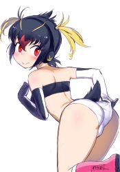 Rule 34 | 1girl, ass, bare shoulders, black hair, blonde hair, blush, boots, commentary, elbow gloves, gloves, hair between eyes, headphones, highres, kemono friends, leaning forward, looking at viewer, looking back, masuyama ryou, multicolored hair, pink footwear, red eyes, red hair, rockhopper penguin (kemono friends), simple background, smile, solo, strapless, tail, tube top, twintails, white background