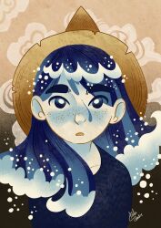 Rule 34 | 1girl, blue eyes, blue hair, bubble, cloud, commentary, english commentary, fine art parody, hat, highres, kanagawa okinami ura, looking at viewer, parody, parted lips, paula cheshire, signature, solo, straw hat, style parody, upper body, water, wrinkled skin