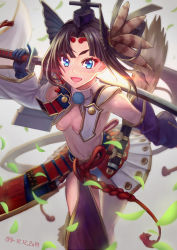 Rule 34 | 1girl, armor, black hair, blue eyes, blush, breast curtains, breasts, commentary request, detached sleeves, eyeliner, eyeshadow, falling leaves, fate/grand order, fate (series), feathers, grey background, hair ornament, hat, highres, holding, holding sword, holding weapon, japanese armor, katana, leaf, long hair, looking at viewer, makeup, medium breasts, navel, open mouth, parted bangs, purple sleeves, red eyeliner, red eyeshadow, revealing clothes, sakumichi, side ponytail, simple background, smile, solo, sword, tassel, tate eboshi, ushiwakamaru (fate), very long hair, weapon, white background, white sleeves