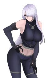 Rule 34 | 1girl, ak-15 (girls&#039; frontline), bare shoulders, black pants, breasts, cowboy shot, girls&#039; frontline, grey hair, hair over one eye, hand on own hip, highres, large breasts, long hair, looking at viewer, midriff, navel, pants, parted lips, purple eyes, solo, swavigg, white background