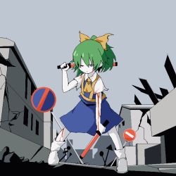 Rule 34 | 1girl, ascot, blood, blood on arm, blood on face, blue eyes, boots, bow, building, closed mouth, colored skin, cookie (touhou), daiyousei, diyusi (cookie), dual wielding, full body, green hair, hair bow, high-visibility vest, highres, holding, looking at viewer, medium hair, no entry sign, no parking sign, one eye closed, pixel art, ponytail, road sign, ruins, shirt, short sleeves, sign, solo, sparseseethe, touhou, traffic baton, unusually open eyes, white footwear, white shirt, white skin, yellow ascot, yellow bow