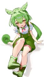 Rule 34 | 1girl, blush, boots, brooch, buttons, clenched hand, collared shirt, commentary, green brooch, green footwear, green hair, green shorts, highres, jewelry, karasu btk, knee up, looking at viewer, low ponytail, neck ribbon, open mouth, pea pod, pink ribbon, puffy short sleeves, puffy shorts, puffy sleeves, ribbon, shadow, shirt, short sleeves, shorts, sitting, smile, solo, suspender shorts, suspenders, voicevox, white background, white shirt, yellow eyes, zundamon