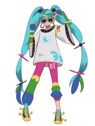 1girl aqua_hair blue-tinted_eyewear blush chatot closed_eyes closed_mouth creatures_(company) fingerless_gloves full_body game_freak gen_4_pokemon glasses gloves hatsune_miku highres long_hair multicolored_pants nintendo normal_miku_(project_voltage) pants pokemon project_voltage round_eyewear shirt shoes simple_background smile solo standing tinted_eyewear twintails user_rmgs7575 very_long_hair vocaloid white_background white_shirt yellow-framed_eyewear