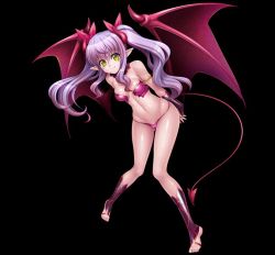 Rule 34 | 00s, 1girl, bare legs, bare shoulders, bat wings, bikini, breasts, bridal gauntlets, curvy, demon girl, female focus, full body, hamstring, happy, kagami hirotaka, lilim (taimanin asagi battle arena), lilith-soft, long hair, looking at viewer, partially visible vulva, pointy ears, smile, solo, demon girl, swimsuit, tail, taimanin (series), taimanin asagi, taimanin rpgx, thong, twintails, wings