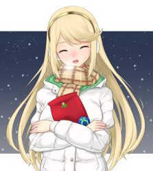 Rule 34 | 1girl, blonde hair, blush, closed eyes, coat, dolling60883582, dollinger, gift, gloves, long hair, looking at viewer, mythra (xenoblade), nintendo, open mouth, scarf, smile, snow, solo, winter clothes, xenoblade chronicles (series), xenoblade chronicles 2