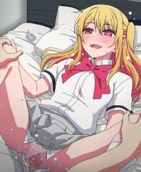 Rule 34 | 1boy, 1girl, bed sheet, blonde hair, blush, bow, bowtie, brother and sister, clothed sex, clothing aside, commentary request, condom, condom on penis, condom wrapper, grey skirt, hetero, hoshino aquamarine, hoshino ruby, incest, lying, missionary, on back, open mouth, oshi no ko, panties, panties aside, penis, pillow, red bow, red bowtie, red eyes, shirt, short sleeves, siblings, skirt, smile, star-shaped pupils, star (symbol), symbol-shaped pupils, tomu (tomubobu), underwear, white panties, white shirt