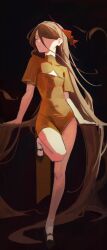 Rule 34 | 1girl, absurdly long hair, absurdres, arm support, black background, brown dress, brown hair, cleavage cutout, closed eyes, closed mouth, clothing cutout, commentary, dress, english commentary, flat chest, full body, hair ribbon, highres, leaning on object, long hair, red ribbon, ribbon, sense (sousou no frieren), short sleeves, socks, solo, sousou no frieren, squashoo, standing, standing on one leg, very long hair, white socks