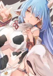 Rule 34 | 1girl, animal ears, animal print, blue hair, breasts, catura (granblue fantasy), cow ears, cow horns, cow print, draph, granblue fantasy, highres, horns, large breasts, long hair, looking at viewer, open mouth, solo, thighhighs, triangle mouth, yellow eyes, yohane