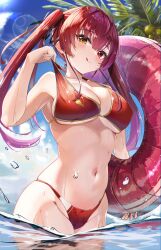 Rule 34 | 1girl, :p, absurdres, beach, bikini, blush, breasts, hair ribbon, heterochromia, highres, holding, holding swim ring, hololive, houshou marine, houshou marine (summer), innertube, large breasts, long hair, mixed-language commentary, navel, palm tree, partially submerged, partially underwater shot, puripuri, red bikini, red eyes, red hair, ribbon, smile, solo, stomach, summer, swim ring, swimsuit, tongue, tongue out, tree, twintails, virtual youtuber, water, water drop, wet, yellow eyes