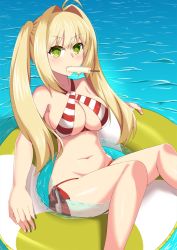 Rule 34 | 1girl, ahoge, bikini, breasts, criss-cross halter, fate/grand order, fate (series), food, green eyes, hair intakes, halterneck, innertube, iseshi, large breasts, long hair, looking at viewer, mouth hold, navel, nero claudius (fate), nero claudius (fate) (all), nero claudius (swimsuit caster) (fate), ocean, popsicle, red bikini, side-tie bikini bottom, sitting, skindentation, striped bikini, striped clothes, swim ring, swimsuit, twintails