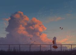 Rule 34 | 1girl, backpack, bag, bird, black skirt, chinese commentary, cloud, evening, facing away, fence, grass, hands in pockets, highres, landscape, long sleeves, original, rune xiao, scenery, short hair, signature, skirt, sky, standing, sunset, sweater, tail, twilight, white hair, white sweater