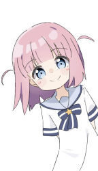 Rule 34 | 1girl, arms behind back, black bow, blue eyes, blush stickers, bocchi the rock!, bow, closed mouth, commentary request, dress, dutch angle, gotoh futari, grey sailor collar, highres, kapuru 0410, looking at viewer, pink hair, sailor collar, sailor dress, short sleeves, simple background, smile, solo, star (symbol), striped, striped bow, two side up, white background, white dress