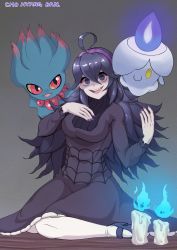 Rule 34 | 1girl, @ @, absurdres, ahoge, artist name, bags under eyes, black dress, black footwear, black hair, breasts, candle, chohyangdan, commentary, commentary request, creatures (company), dress, english commentary, fire, floating, game freak, gen 2 pokemon, gen 5 pokemon, hair between eyes, hairband, hex maniac (pokemon), highres, jewelry, litwick, long dress, long hair, messy hair, misdreavus, mixed-language commentary, nail polish, necklace, nintendo, open mouth, pantyhose, pearl necklace, pokemon, pokemon (creature), pokemon xy, purple eyes, purple hairband, purple nails, smile, solo, very long hair, white pantyhose, yellow eyes
