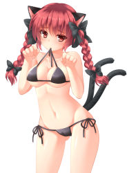 Rule 34 | 1girl, animal ears, bad id, bad nicoseiga id, bikini, bikini in mouth, black bikini, black ribbon, blush, braid, breasts, cameltoe, cat ears, cat tail, cleavage, clenched hand, clenched hands, clothes in mouth, kaenbyou rin, long hair, looking at viewer, lowleg, lowleg bikini, miko (royal milk), mouth hold, red eyes, red hair, ribbon, shiny skin, side-tie bikini bottom, simple background, solo, swimsuit, tail, touhou, twin braids