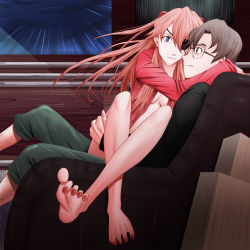 Rule 34 | 1boy, 1girl, absurdres, age difference, aida kensuke, beard, blue eyes, breasts, brown eyes, brown hair, chair, cleavage, couple, evangelion: 3.0+1.0 thrice upon a time, eyepatch, facial hair, glasses, hair ornament, hairclip, highres, hug, indoors, leg grab, legs, long hair, looking at viewer, neon genesis evangelion, rain, rebuild of evangelion, red hair, sitting, sitting on lap, sitting on person, smug, souryuu asuka langley
