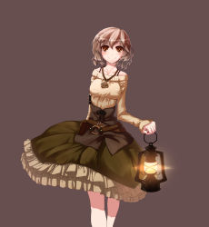 1girl bare_shoulders belt breasts brown_eyes brown_hair corset female_focus frills highres jewelry lantern necklace original pouch simple_background skirt smile solo sweater tama_(speedgrapher)