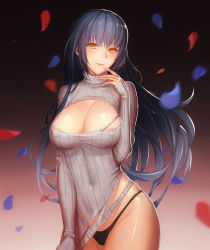 Rule 34 | 1girl, areola slip, black panties, blue hair, breasts, cleavage, covered erect nipples, covered navel, cowboy shot, derivative work, eyelashes, finger to mouth, gradient background, highres, large breasts, long hair, long sleeves, looking at viewer, meme attire, motion blur, no pants, open-chest sweater, original, panties, petals, red background, ribbed sweater, ring (1079882045), shirt, shirt tug, skindentation, sleeves past wrists, smile, solo, sweater, torn clothes, torn shirt, underwear, yellow eyes