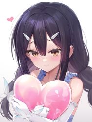 Rule 34 | 1girl, balloon, bare shoulders, black hair, blue dress, blush, braid, breasts, brown eyes, closed mouth, dress, elbow gloves, fate/kaleid liner prisma illya, fate (series), gloves, gradient background, grey background, hair ornament, hairclip, heart, heart balloon, highres, long hair, looking at viewer, low twin braids, miyu edelfelt, revision, small breasts, smile, solo, taro (ultrataro), twin braids, upper body, white gloves