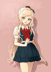 Rule 34 | 1girl, :d, bad id, bad twitter id, blonde hair, blue eyes, bow, bowtie, braid, commentary request, cowboy shot, crown braid, danganronpa (series), danganronpa 2: goodbye despair, dress, e (xrpa4zlquxlfk27), french braid, hair bow, hand up, highres, long hair, looking at viewer, open mouth, pink background, puffy short sleeves, puffy sleeves, red bow, ribbon, shirt, short sleeves, simple background, smile, solo, sonia nevermind, standing, swept bangs, very long hair