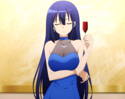 Rule 34 | 1girl, arm under breasts, bare shoulders, blue dress, blue hair, breasts, cleavage, closed eyes, collarbone, cup, dress, drinking glass, earrings, engage kiss, highres, jewelry, large breasts, long hair, necklace, screencap, see-through, stitched, third-party edit, yuugiri ayano