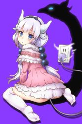 Rule 34 | 10s, 1girl, :o, arm support, ass, beads, blue eyes, capelet, child, different shadow, dragon girl, dragon horns, dragon tail, dual persona, electric plug, electrical outlet, electricity, eyes visible through hair, from behind, full body, gradient hair, hair beads, hair ornament, hairband, highres, horns, kanna kamui, kanna kamui (dragon) (maidragon), kobayashi-san chi no maidragon, long hair, looking back, multicolored hair, panties, pantyshot, pink panties, purple background, recharging, samoore, shadow, simple background, sitting, solo, soo, tail, thighhighs, underwear, wariza, white hair, white thighhighs