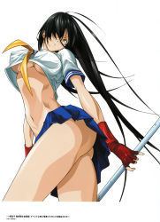 Rule 34 | 00s, 10s, 1girl, absurdres, ass, black hair, breasts, cowboy shot, female focus, fingerless gloves, from below, from side, gloves, green eyes, hair over one eye, highres, ikkitousen, ikkitousen xtreme xecutor, kan&#039;u unchou, large breasts, long hair, looking at viewer, looking down, midriff, miniskirt, navel, no bra, no panties, non-web source, official art, parted lips, pleated skirt, red gloves, school uniform, serafuku, shiozaki yuji, simple background, skirt, solo, thighs, underboob, upshirt, weapon, white background