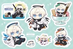 Rule 34 | 1boy, 1girl, 1other, arknights, artist name, bag, black jacket, black pants, blonde hair, blue eyes, blue necktie, blue wings, character name, chibi, coat, commentary request, cookie, crossed bangs, doctor (arknights), english text, executor (arknights), executor (titleless code) (arknights), food, food on head, green background, gun, halo, holding, holding gun, holding weapon, hood, hood up, hooded jacket, ice cream, id card, in container, jacket, mask, multicolored halo, necktie, object on head, official alternate costume, orange eyes, orange jacket, outline, pants, patterned background, pocky, rainbow halo, rainbow wings, short hair, simple background, soppos, sticker, sunglasses, vermeil (arknights), weapon, white coat, wings