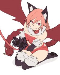 Rule 34 | 1girl, absurdres, animal ears, animal hands, anoncolorz, bat wings, bdsm, bondage, bound, bow, cat ears, colorized, fur, gift, highres, kneeling, looking up, manticore, manticore (monster girl encyclopedia), monster girl, monster girl encyclopedia, monster girl encyclopedia ii, p01ntless, pet, pink hair, red eyes, ribbon, sitting, slit pupils, smile, solo, spikes, tail, white background, wings