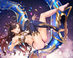 Rule 34 | 1girl, anklet, armlet, ass, asymmetrical legwear, asymmetrical sleeves, barefoot, black hair, black panties, black ribbon, blue thighhighs, breasts, detached sleeves, fate/grand order, fate (series), feet, full body, hair ribbon, highres, ishtar (fate), jewelry, legs up, long hair, midriff, navel, open mouth, panties, red eyes, revision, ribbon, sideboob, single thighhigh, small breasts, soles, solo, stirrup legwear, stomach, thighhighs, toeless legwear, toes, tohsaka rin, twintails, two side up, underwear, uneven legwear, uneven sleeves, very long hair, yewang19